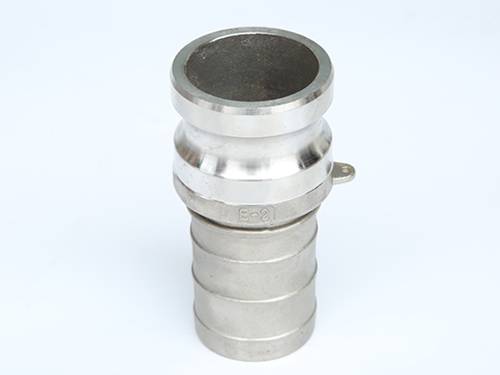 A vertical type E stainless steel camlock adapter on the white background.