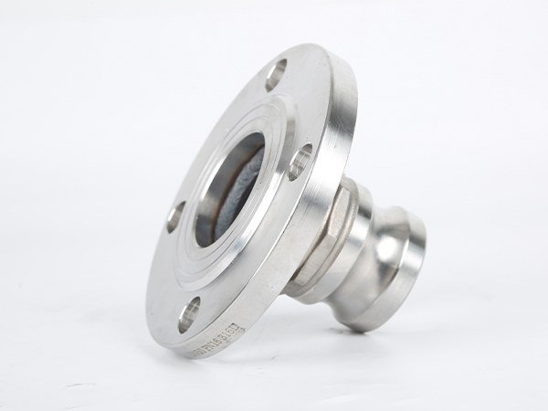 A male camlock on flange lying on his side.
