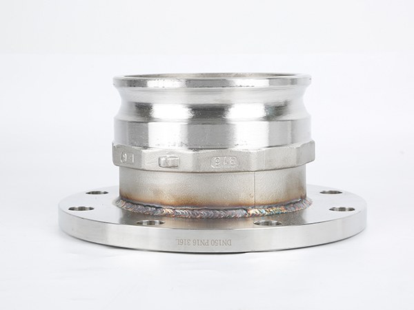 A male camlock on flange, the flange side to the ground.