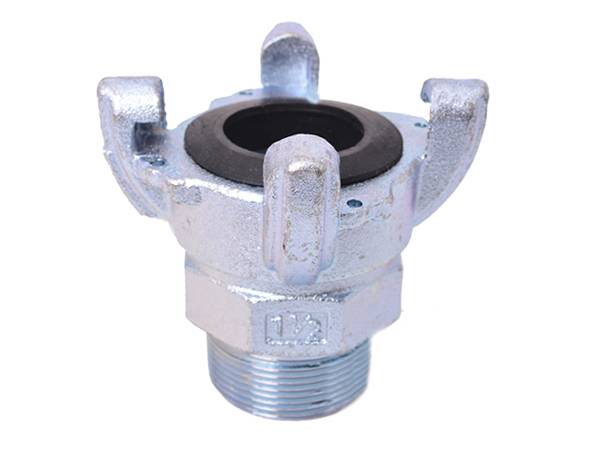 A piece of 4-lug universal coupling male end with sealing gasket on white background.